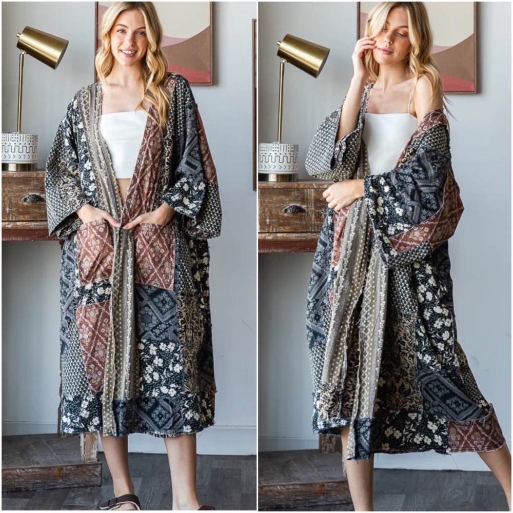 Oli & Hali Floral Print Patchwork Open front Pockets Kimono Duster Cardigan
